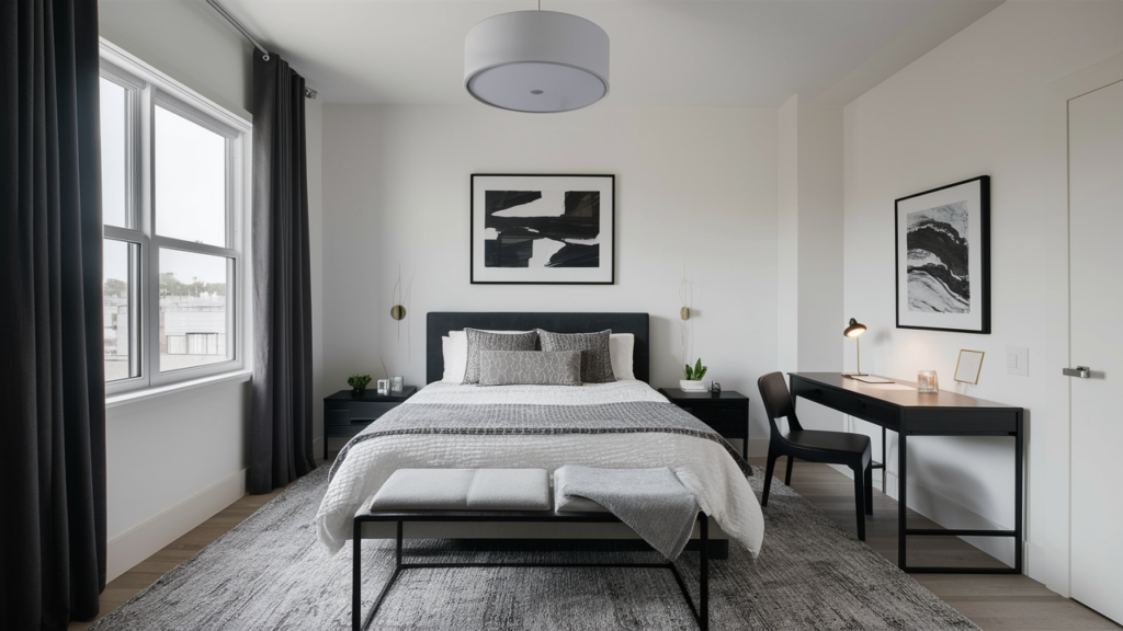 Guest Room Featuring Floor-length Blackout Curtains In Charcoal Gray