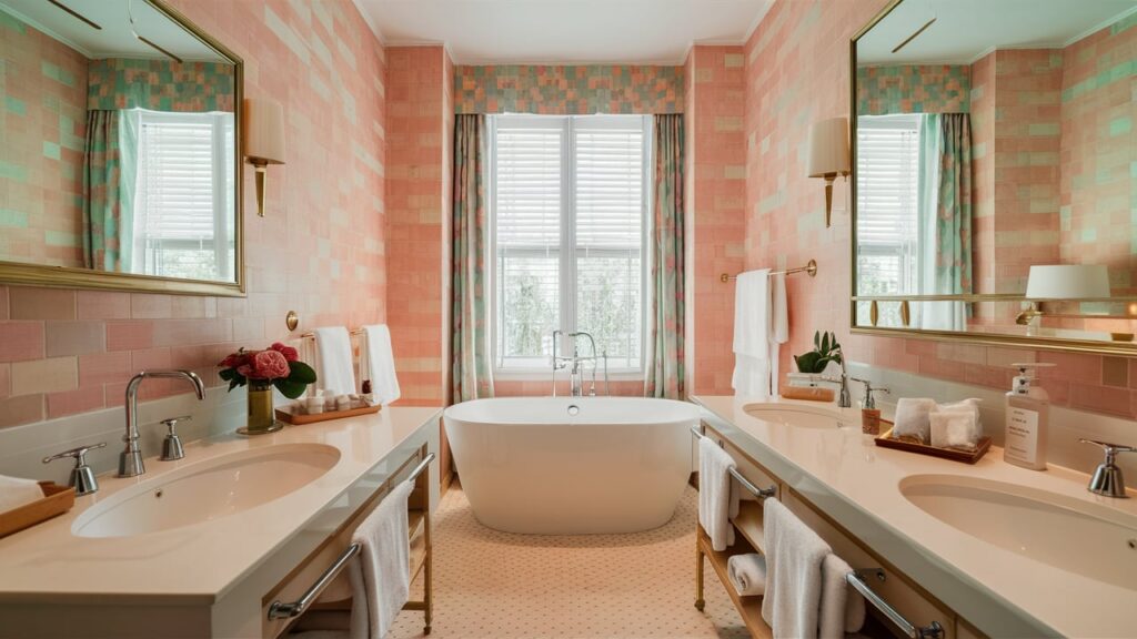 guest room in soft pastel hues of baby pink