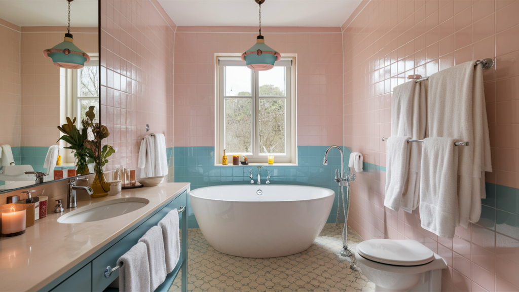 guest room in soft pastel hues of baby pink and pastel blue