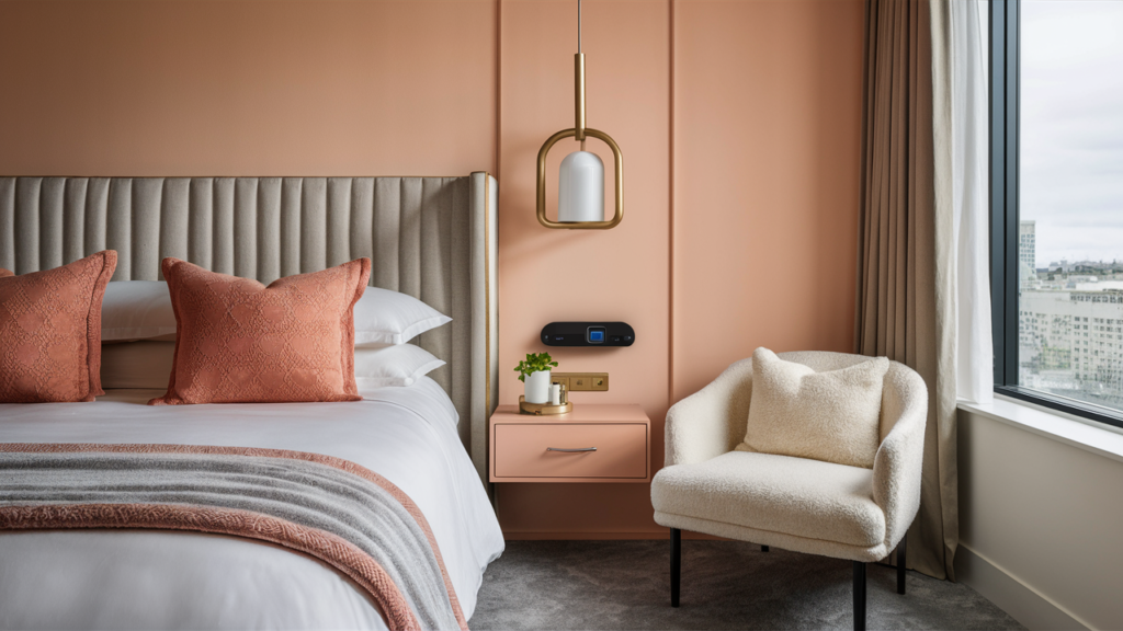 guest room in soft peach and cream hues, with built-in charging ports