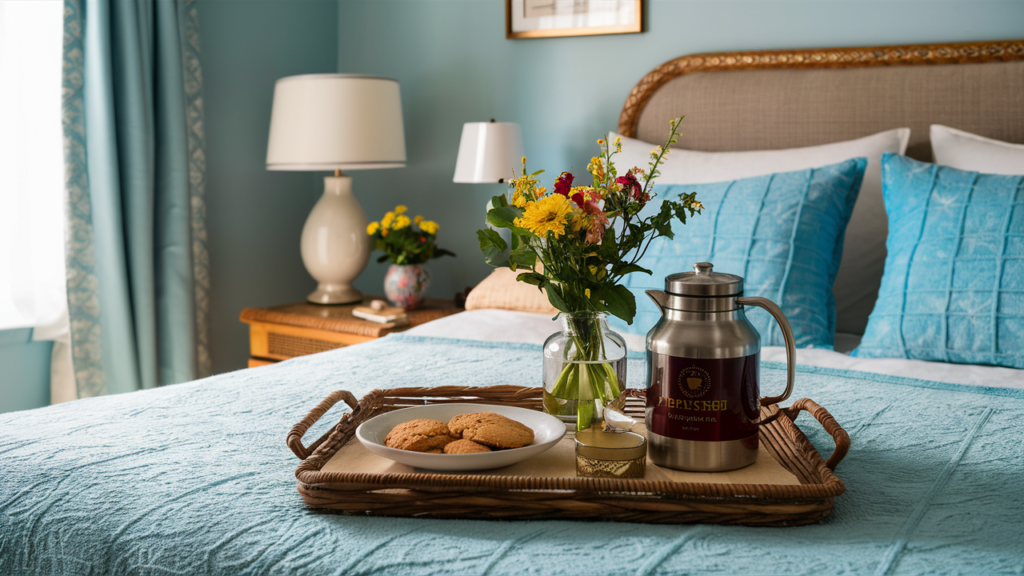 guest room in soft powder blue, featuring a warm welcome tray