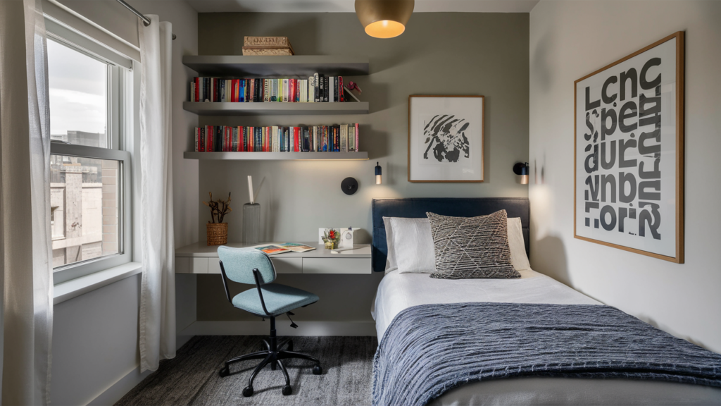 Guest Room With A Functional Library Corner, Utilizing Floating Shelves