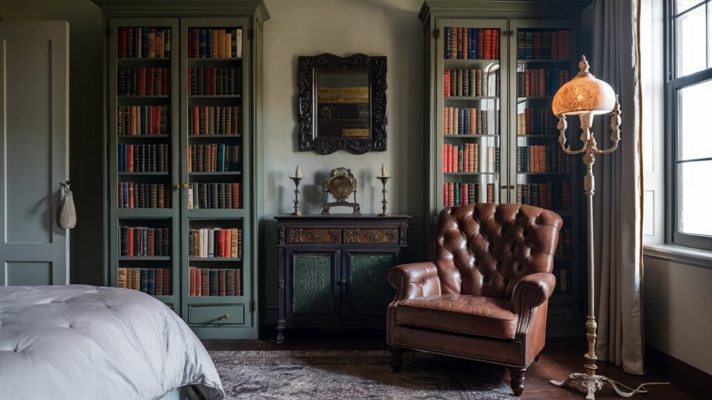 Guest Room With A Library Corner, Showcasing Antique