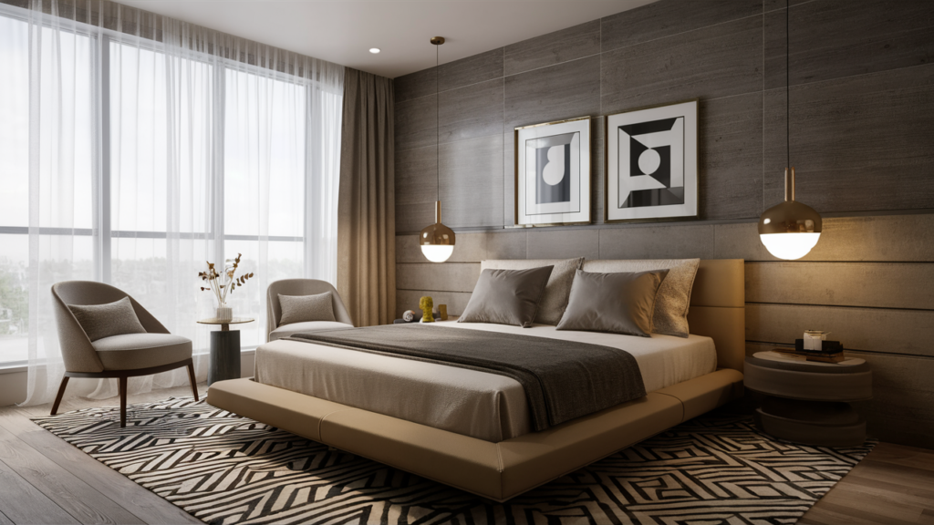 Guest Room With A Sleek Platform Bed, Monochromatic Bedding