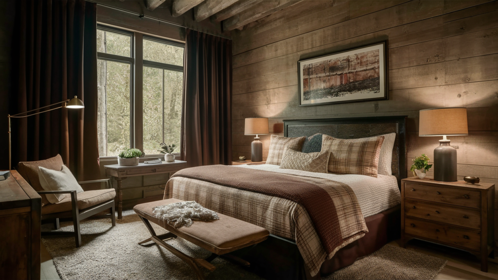 Guest Room With Deep Brown Blackout Curtains, Wooden Furniture