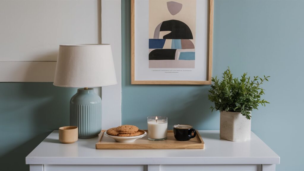 guest room with pastel blue and soft gray walls