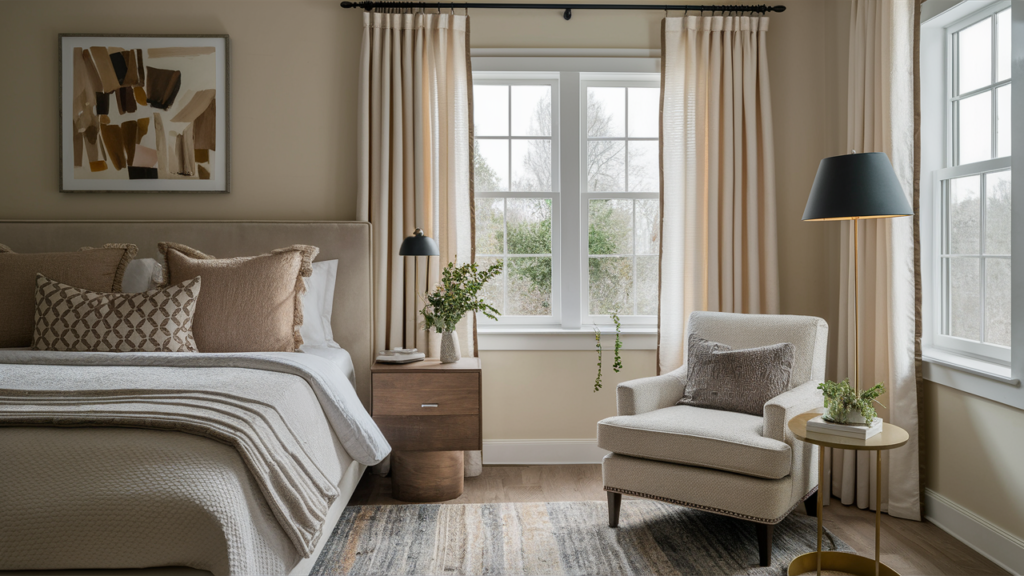 Guest Room With Soft Beige Blackout Curtains