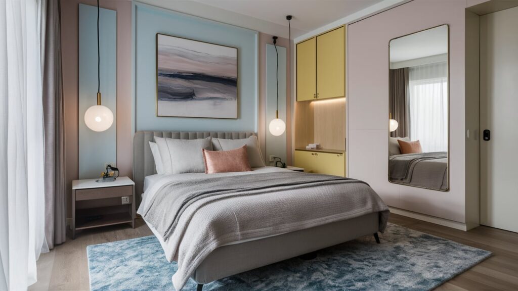 guest room with soft pastel tones