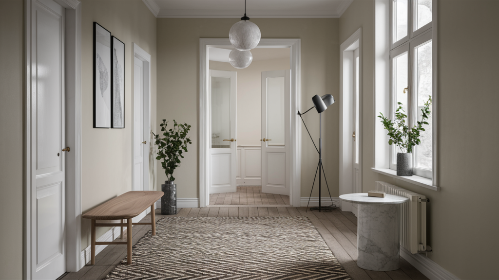 Hall Featuring A Minimalist Wooden Bench, A Round Marble Side Table