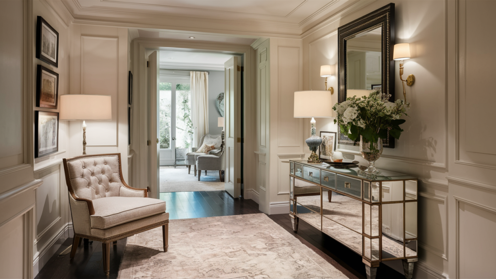 Hall Room With A Mirrored Console Table, A Plush Upholstered Chair