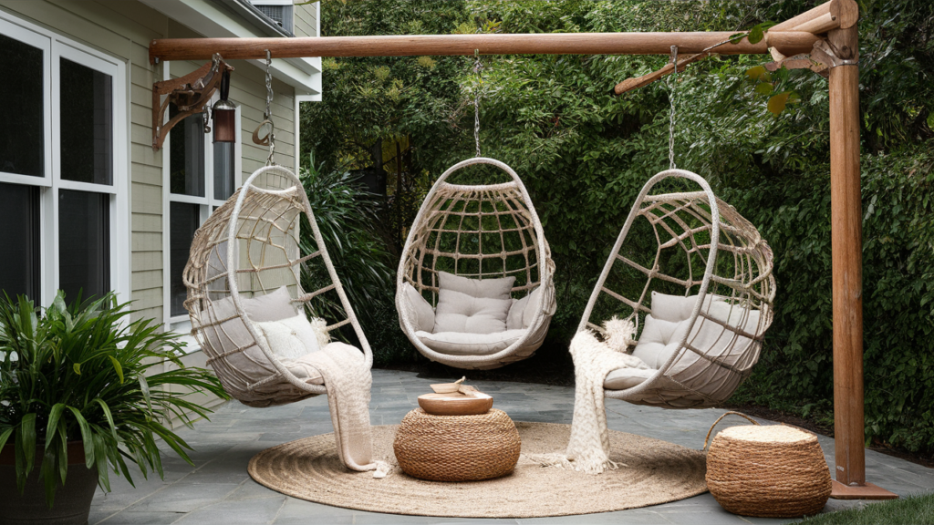 hanging lounge chairs or hammocks for a unique, comfortable seating