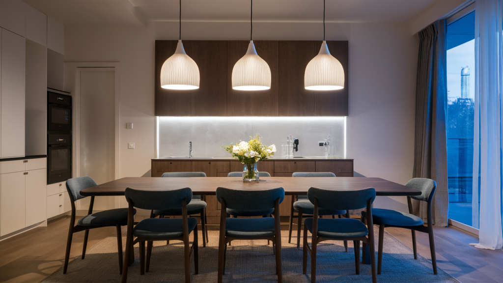 Hanging Pendant Lights Above A Dining Or Seating Area For A Chic