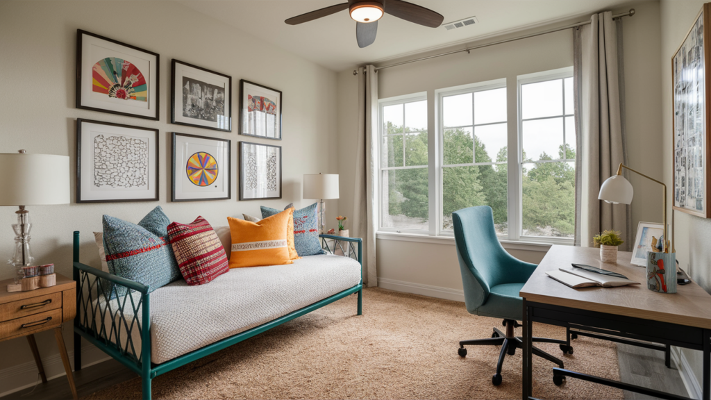 Home Office With A Daybed Adorned With Colorful Cushions