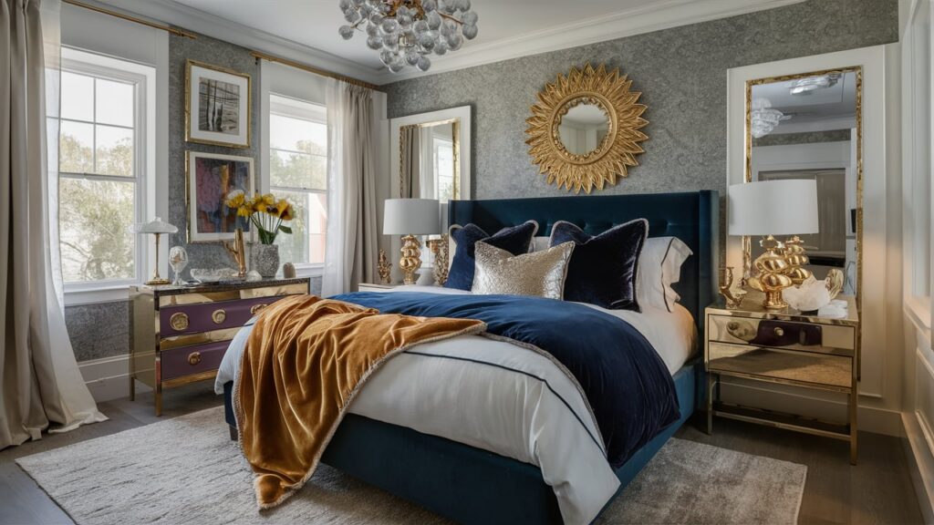 hotel-style bed featuring crisp white sheets, a velvet duvet in navy blue