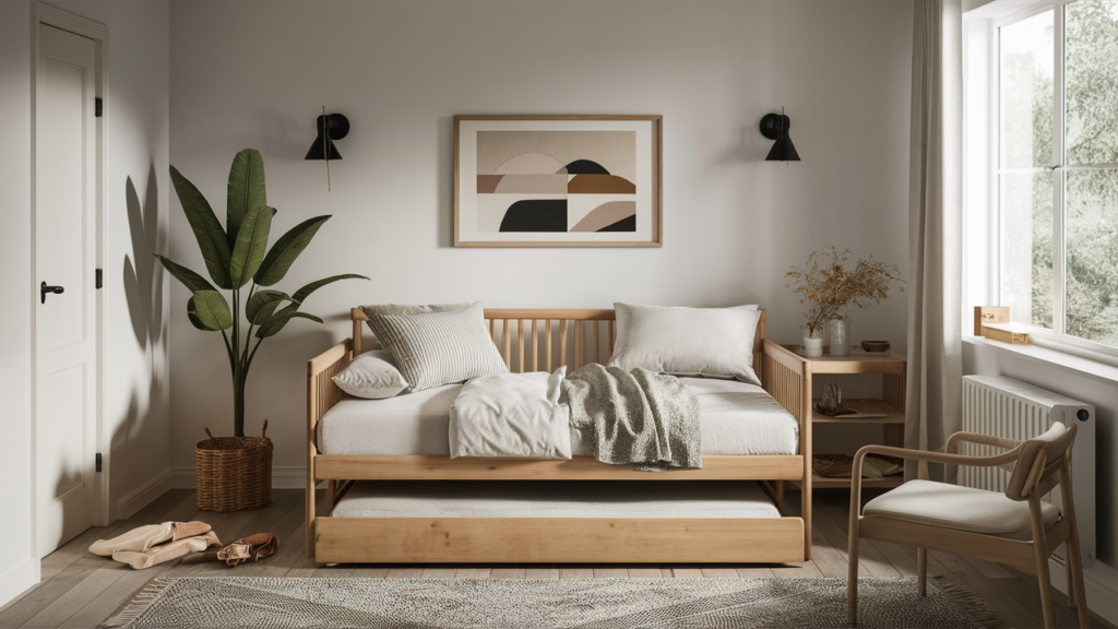 Inspired Guest Room Featuring A Wooden Daybed