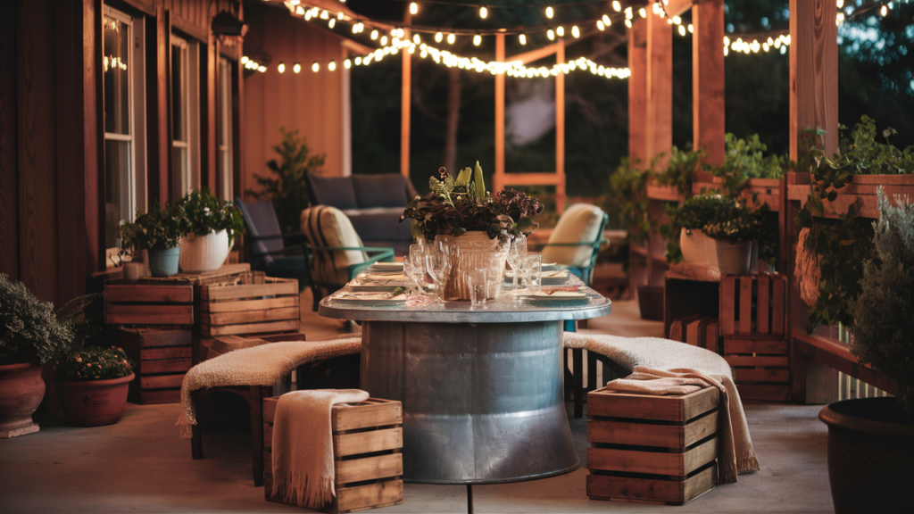 inspired patio featuring a galvanized metal table