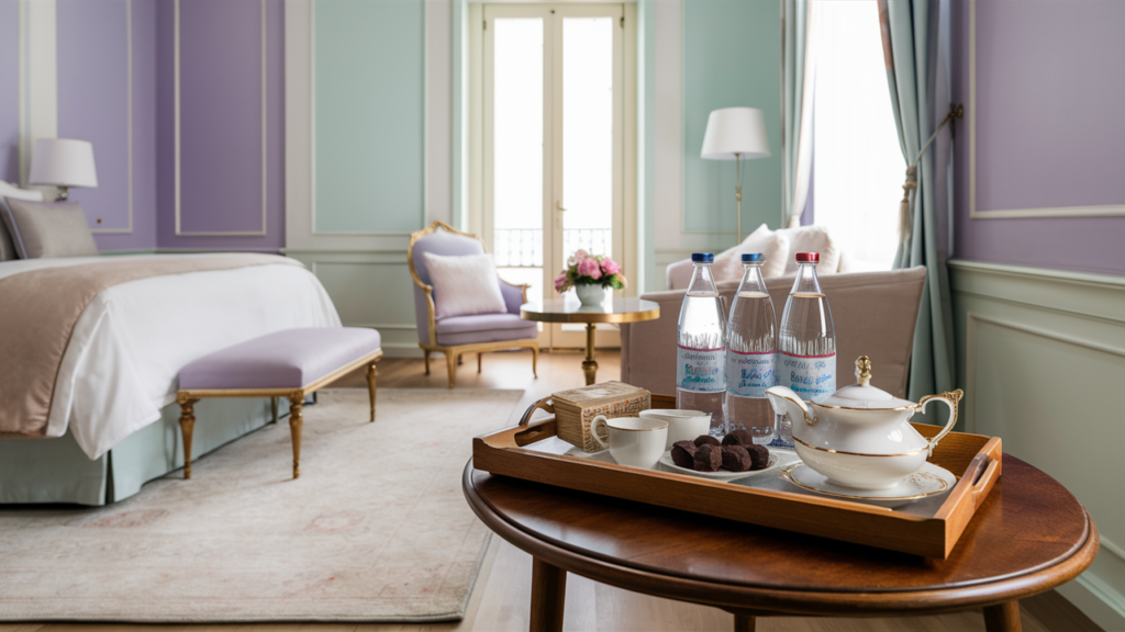 inviting guest room with soothing pastel hues of lavender