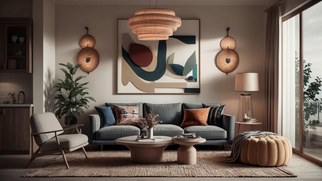 Living room with a mix of abstract art, boho textiles