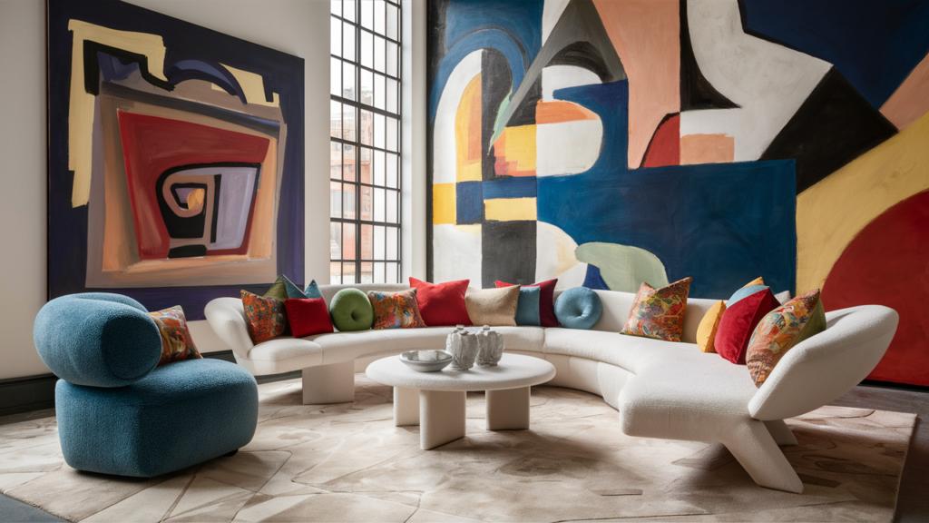 Living room with a vibrant abstract painting, sculptural furniture