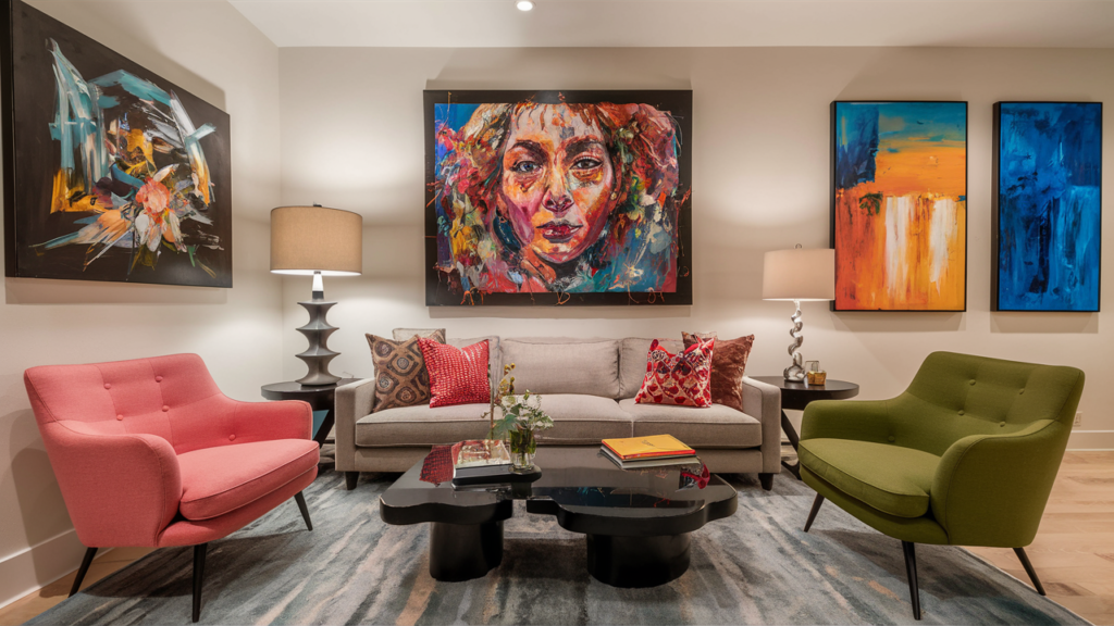 Living room with modern paintings, colorful cushions