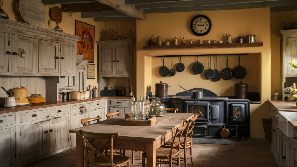 kitchen featuring distressed wood cabinetry with rustic hardware