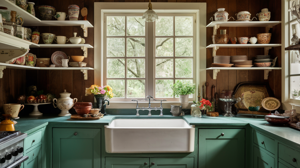 kitchen featuring with antique crockery, wood paneling