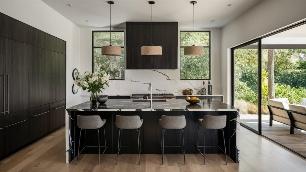 kitchen island with dramatic black marble countertops