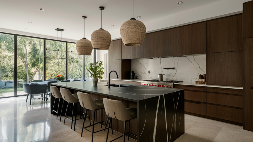 kitchen island with dramatic black marble countertops