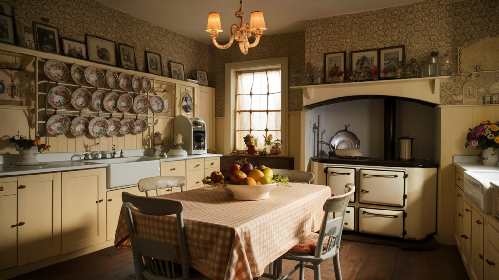 kitchen scene with a checkered tablecloth and a centerpiece