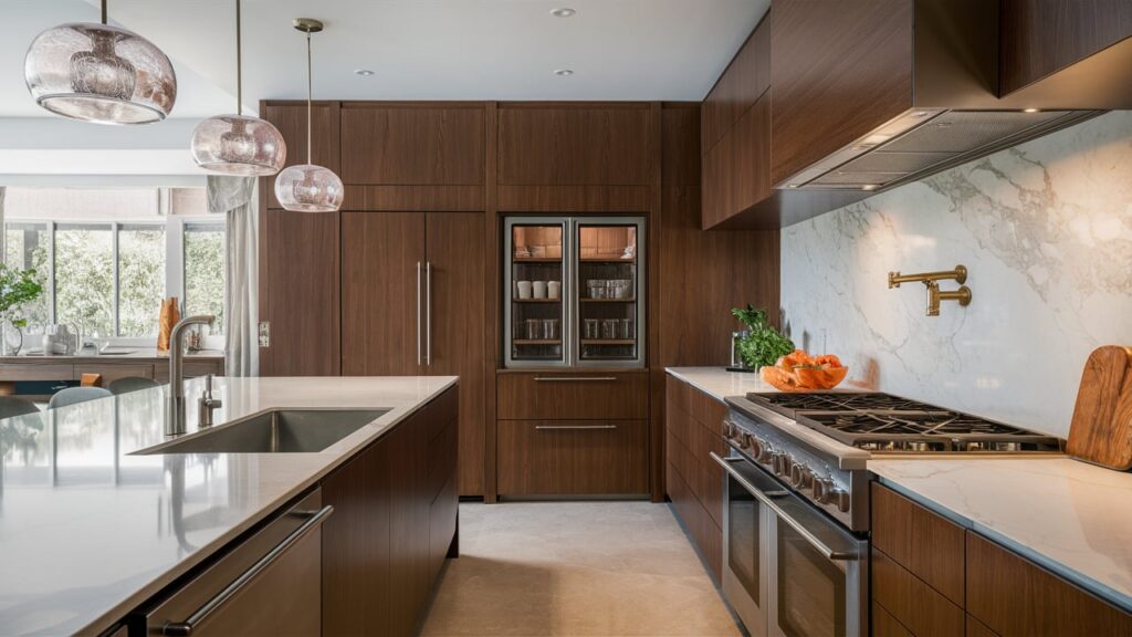 kitchen with a double built-in oven beneath a sleek marble countertop