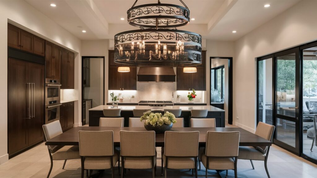 Kitchen With A Large Dining Area, A Double-tiered Chandelier