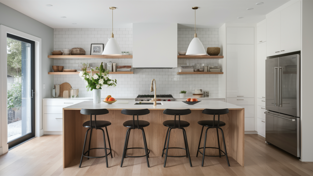 kitchen with a light wood island, white cabinetry