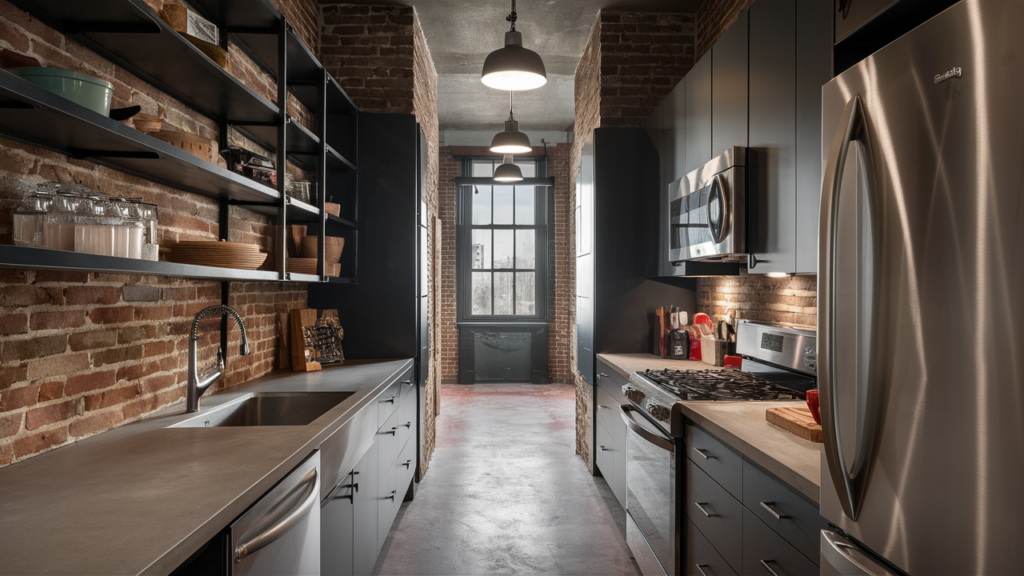 kitchen with black metal shelving, exposed brick walls