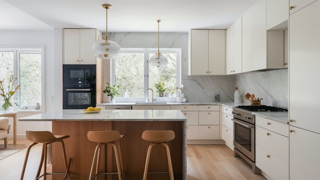 kitchen with light marble countertops and white cabinetry