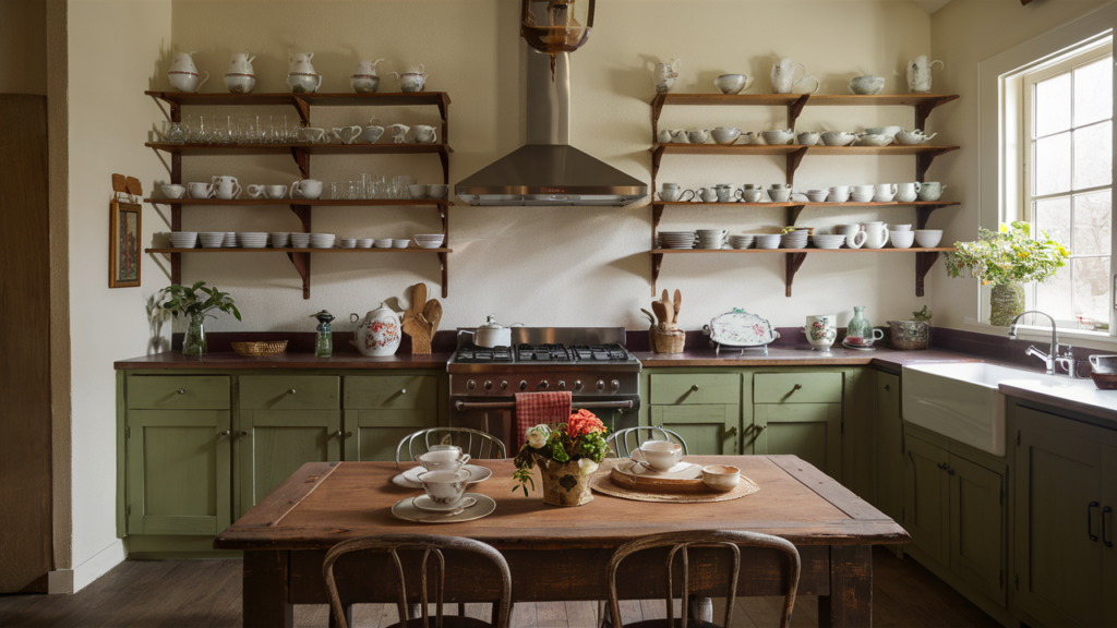 kitchen with open shelving, vintage tea sets