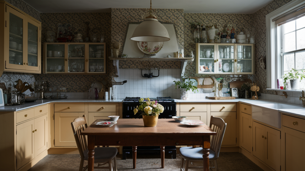 kitchen with patterned wallpaper, floral china