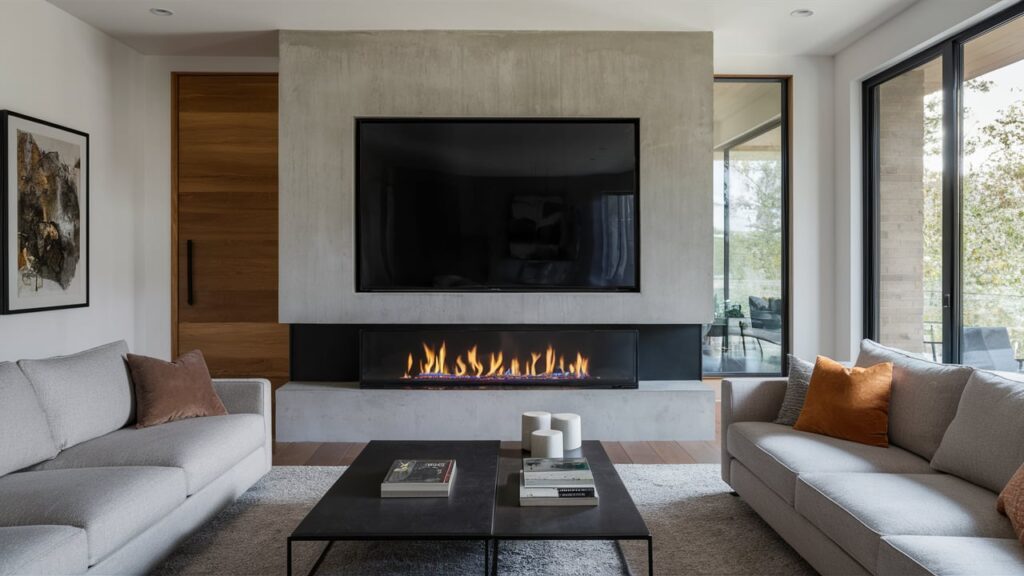 living room featuring a sleek black fireplace