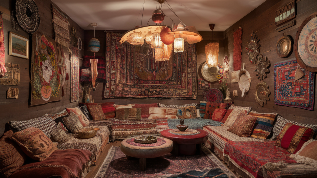 living room filled with an assortment of vibrant textiles