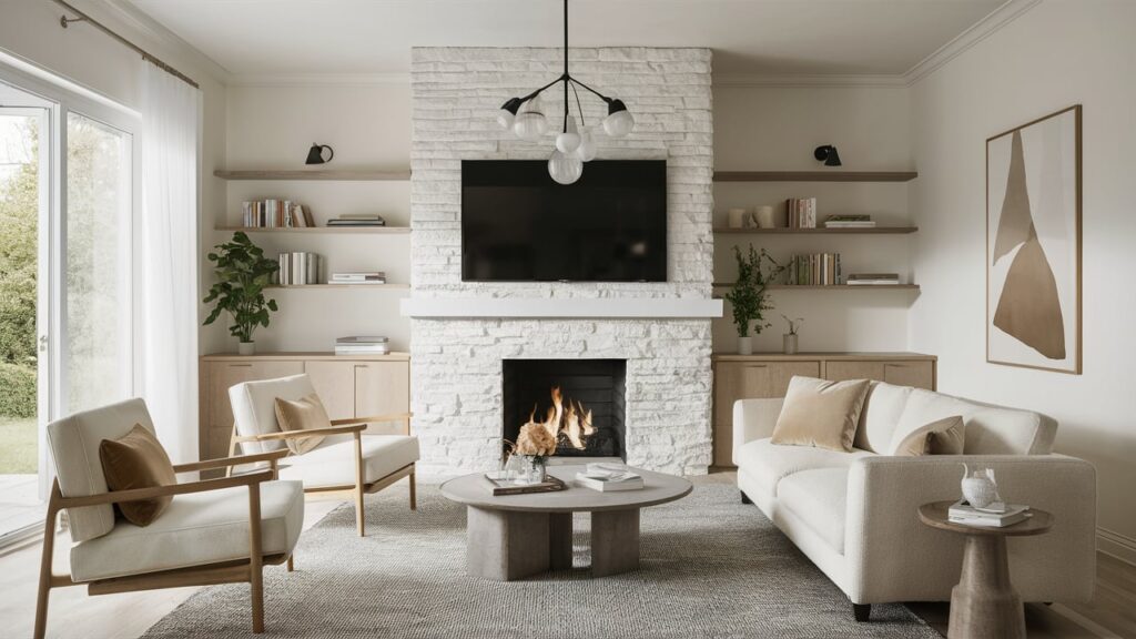 living room with a sleek white stone fireplace