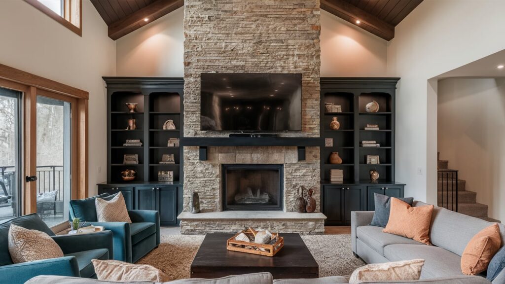 living room with a stone fireplace, a large TV mounted above