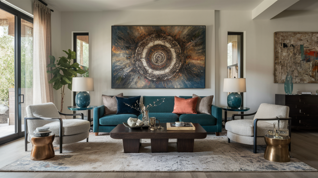 living room with large canvas art, custom rugs