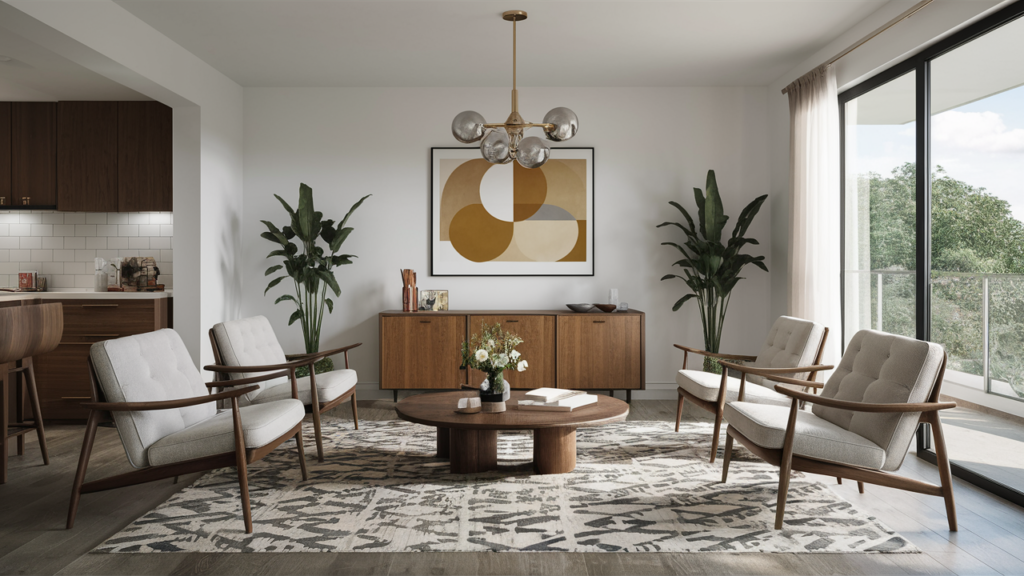 Living Room With Sleek Wooden Furniture Geomatric Patterns