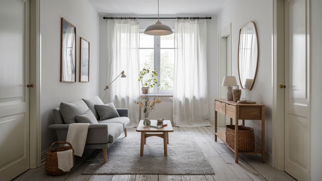 minimalist hall room featuring a simple grey sofa