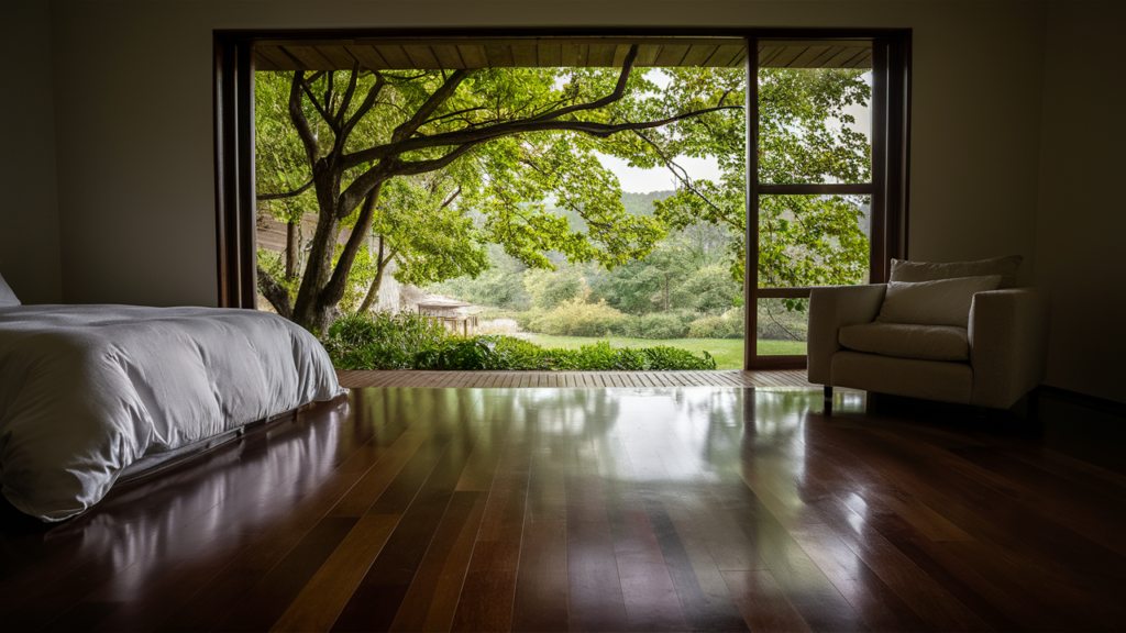 modern guest room featuring polished hardwood floors