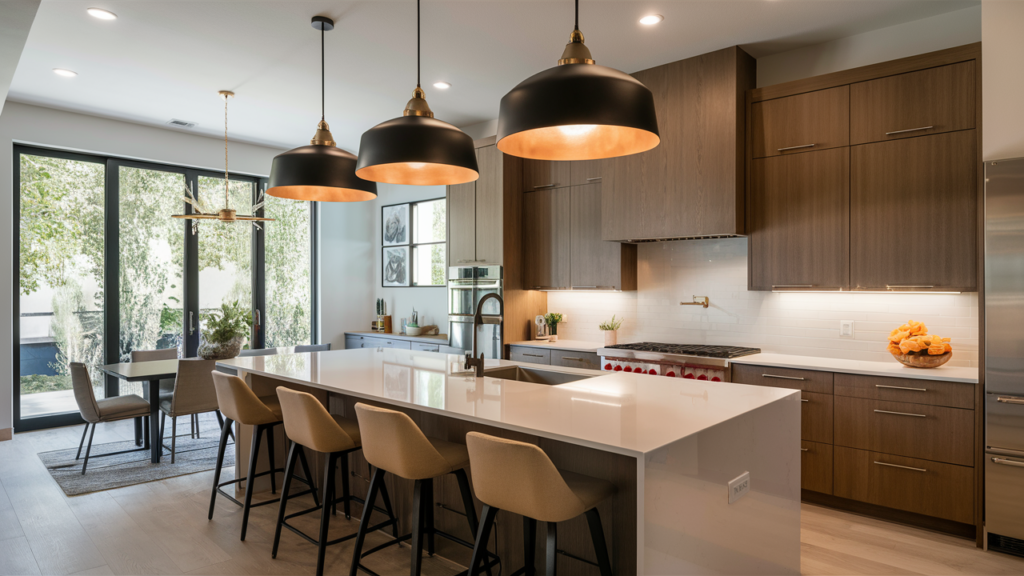 Modern Kitchen Featuring Oversized Pendant Lights In Matte Black