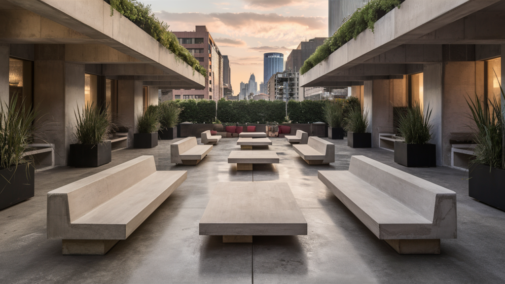 modern patio design, featuring sleek and minimalist concrete furniture