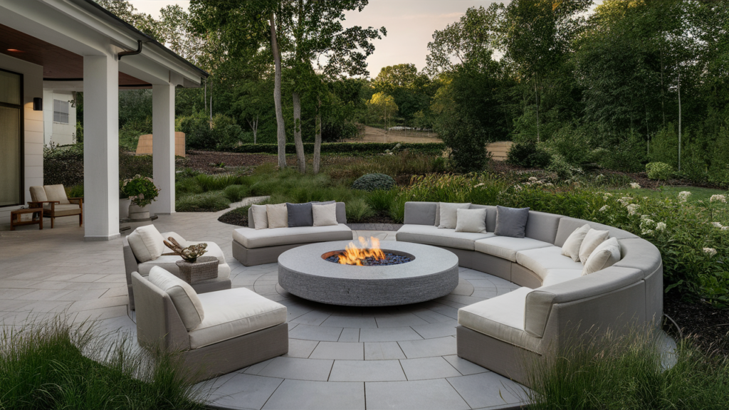 Modern Patio Featuring A Circular Stone Fire Pit