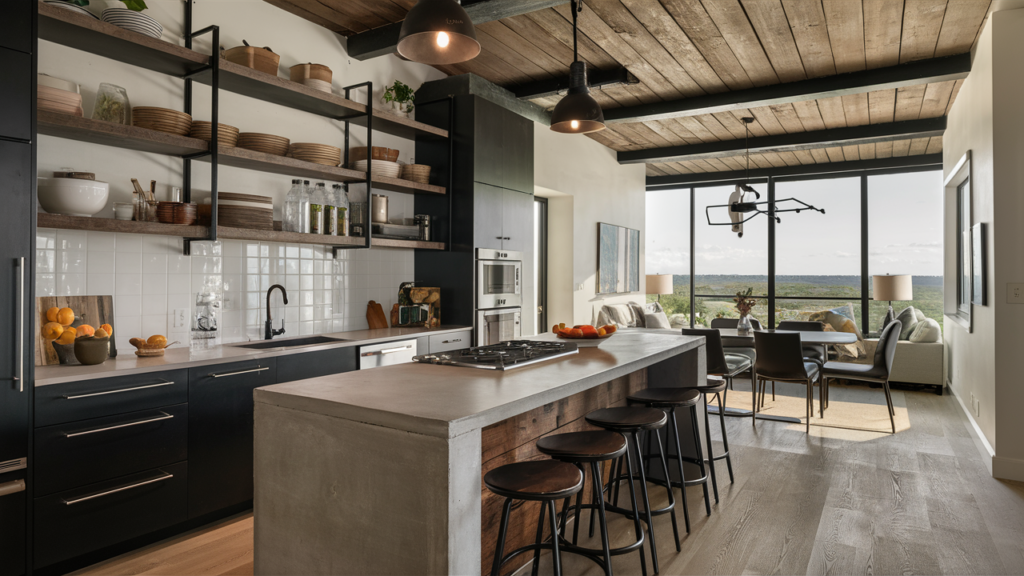 open-concept kitchen featuring black metal shelving