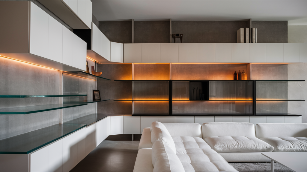 open-concept living room features modern wall-mounted cabinets