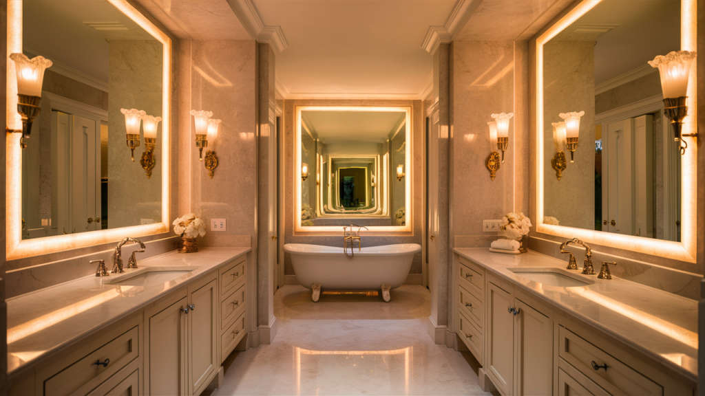 Opulent Bathroom Design Featuring Backlit Mirror